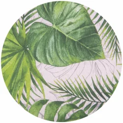 Poduszka ogrodowa z motywem liści tropikalnych, zielono-biała, okrągła. Idealna na taras lub do ogrodu.