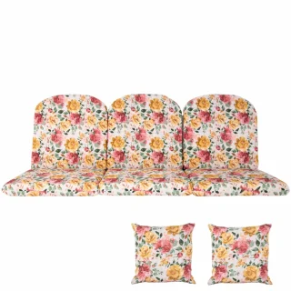 Poduszka ogrodowa 150cm z jaśkami, na huśtawkę. Wzór kwiatowy w odcieniach różu i żółci.