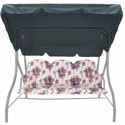 Poduszka na huśtawkę ogrodową 150cm, z jaśkami i daszkiem, kwiatowy wzór w fioletowe i zielone odcienie.