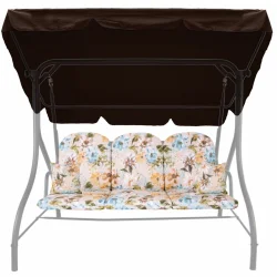 Poduszki ogrodowe 180cm na huśtawkę, zestaw z brązowym daszkiem. Kwiatowy wzór w pastelowych kolorach.