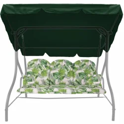 Poduszki na huśtawkę z jaśkami i daszek, zielony wzór liści. Przeznaczone na huśtawkę ogrodową.