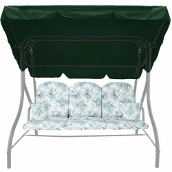 Poduszki na huśtawkę ogrodową 150cm z jaśkami i daszkiem, zielone wzory botaniczne. Idealne na taras.