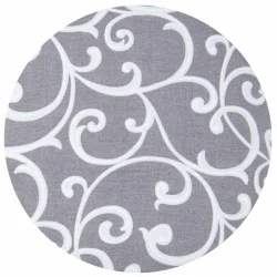 Materiał z wzorem w białe zawijasy na szarym tle. Idealny do produkcji poduszek dekoracyjnych.