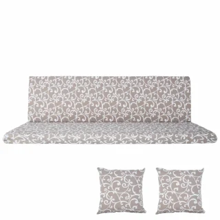 Poduszki ogrodowe 150cm na huśtawkę. Beżowy wzór w białe ornamenty, zestaw z jaśkami.