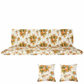 Poduszki ogrodowe 150cm z jaśkami do ogrodu, wzór w kwiaty. Kolorystyka dominująca: pomarańczowy i zielony na jasnym tle.