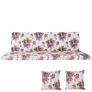 Poduszki ogrodowe 150 cm na ławkę z jaśkami, wzór kwiatowy fioletowy.