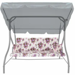 Poduszka ogrodowa na huśtawkę 150cm, w kwiatowy wzór z różami, z dwoma jaśkami, dominują kolory fioletowy i biały.