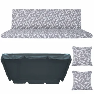 Poduszki ogrodowe 150cm na huśtawkę, komplet z jaśkami i daszkiem, szaro-białe wzory.