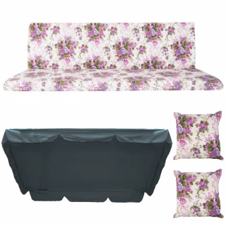 Poduszki ogrodowe 150cm, na huśtawkę, komplet z jaśkami i daszkiem, kwiatowy wzór w fioletowe róże na białym tle.