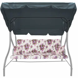 Poduszki ogrodowe na huśtawkę, rozmiar 150cm, z jaśkami i daszkiem, kwiatowy wzór w odcieniach fioletu.