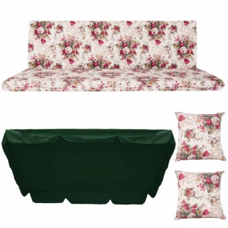 Poduszka na ławkę ogrodową 150cm z jaśkami i daszkiem, wzór kwiatowy, kolor zielony i floralny. Idealna do ogrodu.