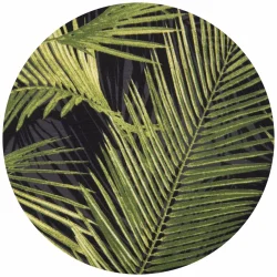 Poduszka ogrodowa okrągła z motywem liści palmowych w zielono-czarnym kolorze. Idealna na huśtawkę lub do ogrodu.