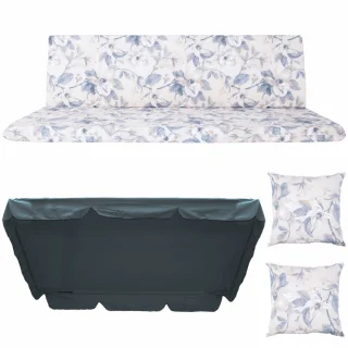 Poduszki ogrodowe 150cm na huśtawkę z jaśkami i daszkiem, wzór kwiatowy w odcieniach niebieskiego i bieli. Idealne na taras lub do ogrodu.