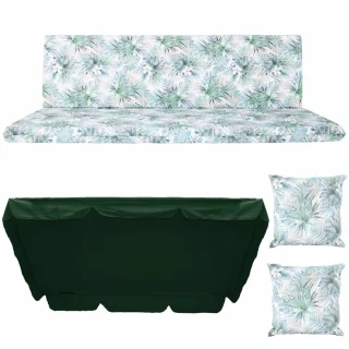 Poduszka na ławkę ogrodową 150cm z jaśkami i daszkiem. Wzór liściasto-kwiatowy w odcieniach zieleni i bieli.