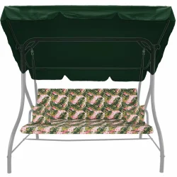 Poduszka na huśtawkę ogrodową 150cm z daszkiem, wzór w liście i kwiaty. Kolorowy nadruk na siedzisku i oparciu.