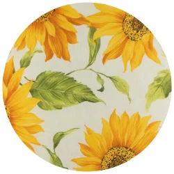 Okrągła poduszka ogrodowa na krzesło, wzór w słoneczniki. Jasne tło z żółtymi i zielonymi akcentami.