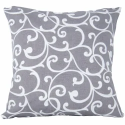 Poduszka dekoracyjna do wnętrz, szara z białym wzorem w spiralne motywy.