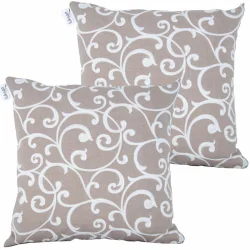 Poduszki ogrodowe z wzorem białych zawijasów na szarym tle, komplet 2 sztuki. Idealne do użytku zewnętrznego.
