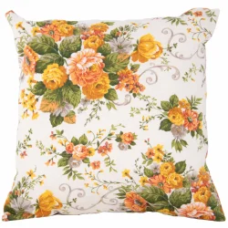 Poduszka dekoracyjna z kwiatowym wzorem w odcieniach pomarańczowym, żółtym i zielonym.
