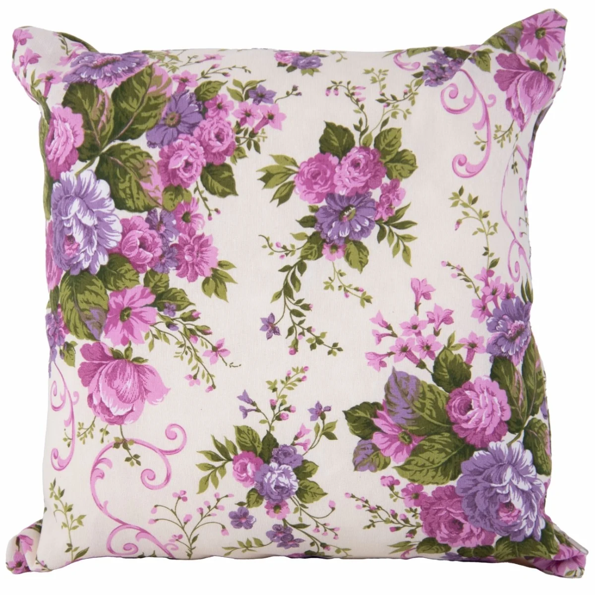 Dekoracyjna poszewka na poduszkę do domu, pojedyncza. Kwiatowy wzór w odcieniach fioletu i zieleni na jasnym tle.
