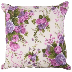Poduszka dekoracyjna do wnętrz. Kwiatowy wzór w odcieniach fioletu, zieleni i różu.